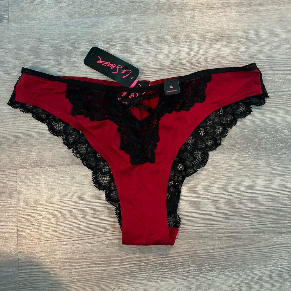 NWT La Senza Red & Black Lace Panty size medium